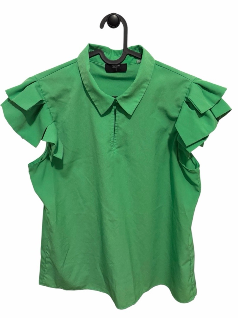 Tahari Green Ruffle Short Sleeve Button Up Collar Blouse Size L